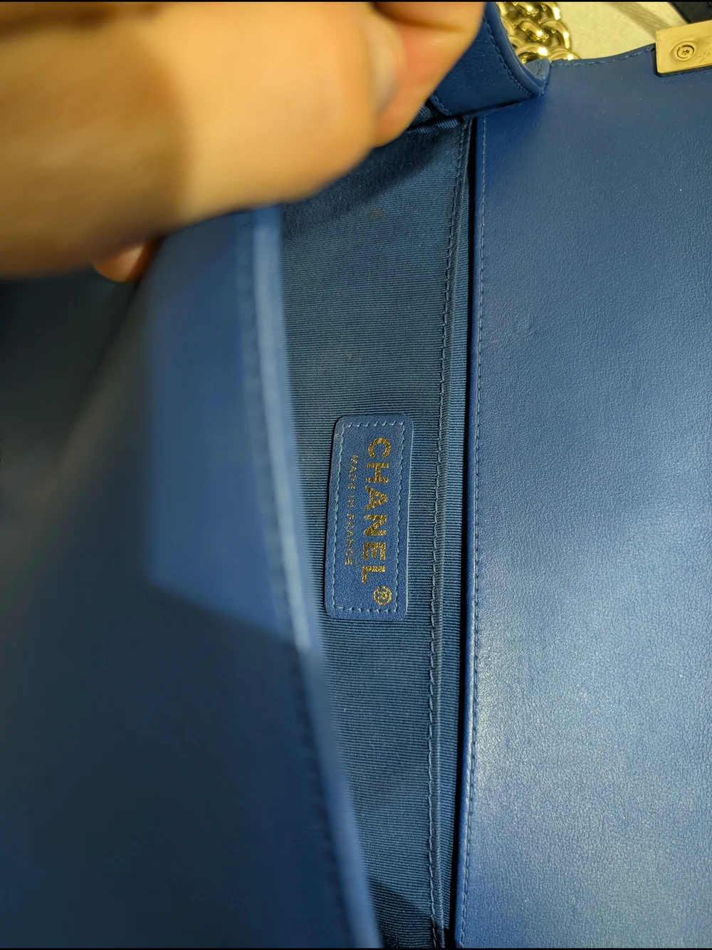 CHANEL Blue Quilted boy Shoulder Bag Gold Hardware Chain Strap CC